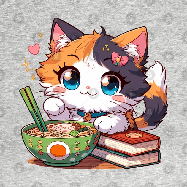 Kawaii cat loves ramen and books by BrisaArtPrints